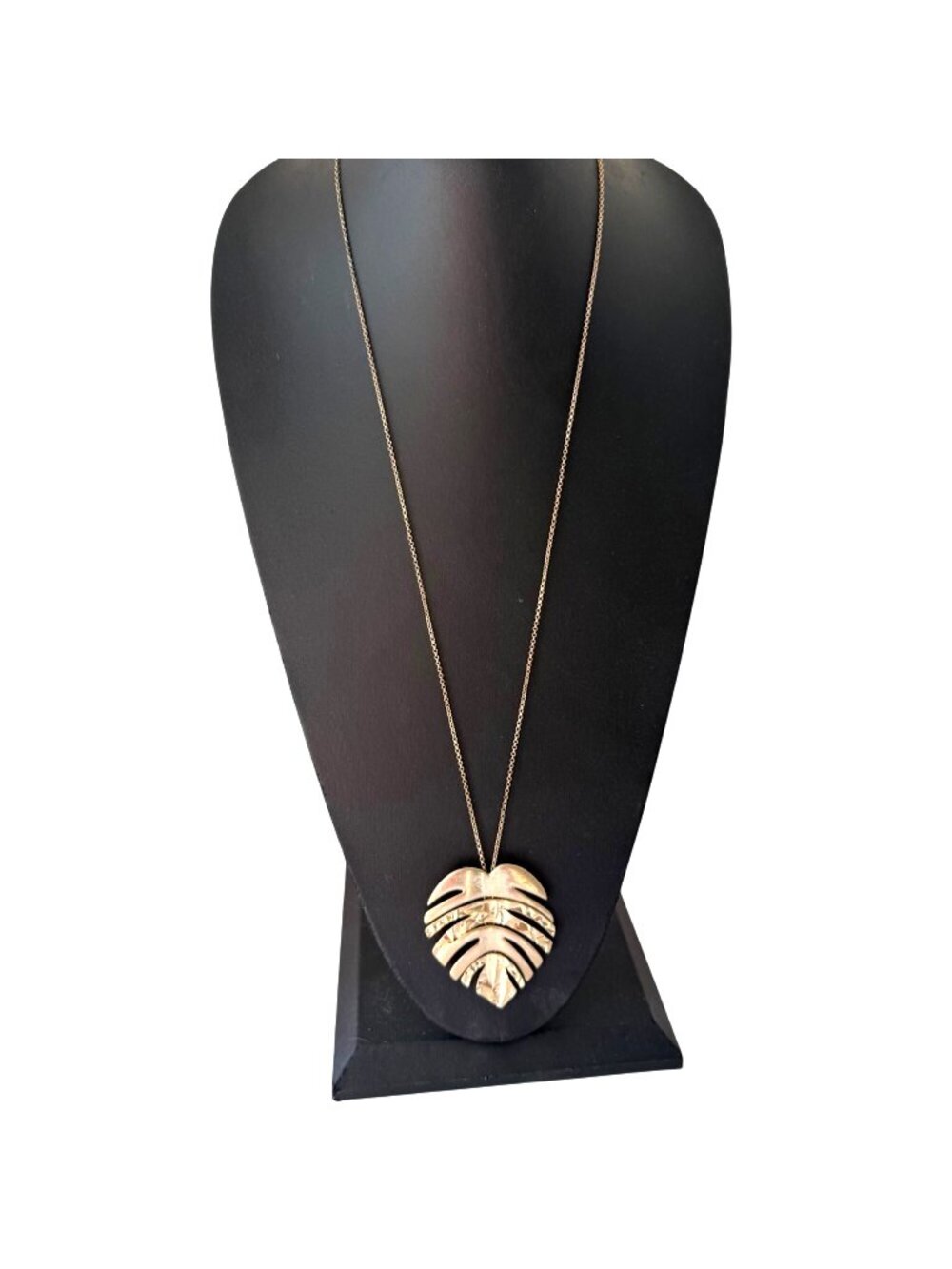 D Necklace Monstrea Leaf Tropical Nature inspired Boho Gold Tone 33 to 35 inches